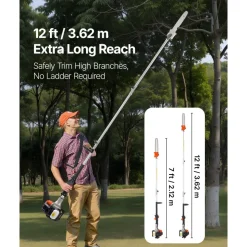 VEVOR Gas Pole Saw, 25CC 2 Stroke Gas Powered Pole Saws with 12 in Cutting Bar, Cordless Tree Trimmer with 23 fl.oz Fuel Tank, 7 to 12 ft Extendable, Powerful Chainsaw for Tree Trimming Pruning