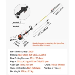 VEVOR Gas Pole Saw, 25CC 2 Stroke Gas Powered Pole Saws with 12 in Cutting Bar, Cordless Tree Trimmer with 23 fl.oz Fuel Tank, 7 to 12 ft Extendable, Powerful Chainsaw for Tree Trimming Pruning