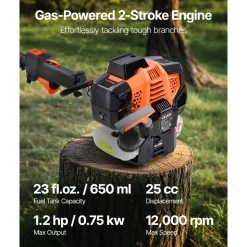 VEVOR Gas Pole Saw, 25CC 2 Stroke Gas Powered Pole Saws with 12 in Cutting Bar, Cordless Tree Trimmer with 23 fl.oz Fuel Tank, 7 to 12 ft Extendable, Powerful Chainsaw for Tree Trimming Pruning