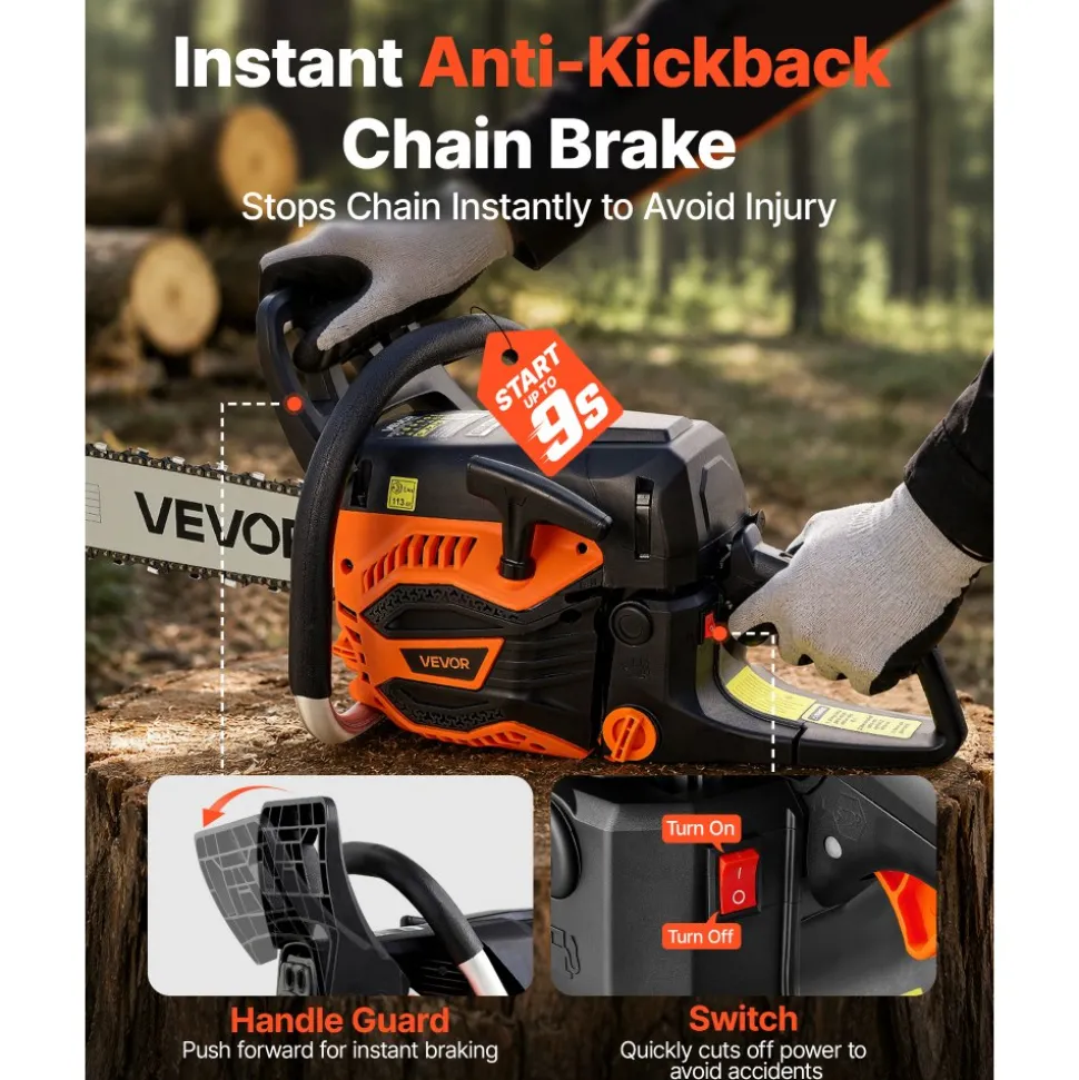 VEVOR Gas Powered Chainsaw 20 & 22 Inch 62CC 3.8HP 2 Stroke Engine Saw, for Wood Cutting, Tree Trimming & Land Clearing, Throttle-Synced Choke, Power Chain Saw with Non-Slip Handle & Dual Tanks