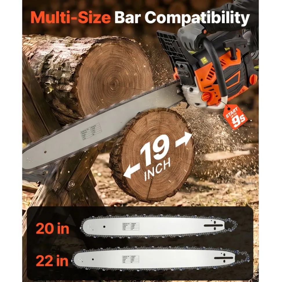 VEVOR Gas Powered Chainsaw 20 & 22 Inch 62CC 3.8HP 2 Stroke Engine Saw, for Wood Cutting, Tree Trimming & Land Clearing, Throttle-Synced Choke, Power Chain Saw with Non-Slip Handle & Dual Tanks