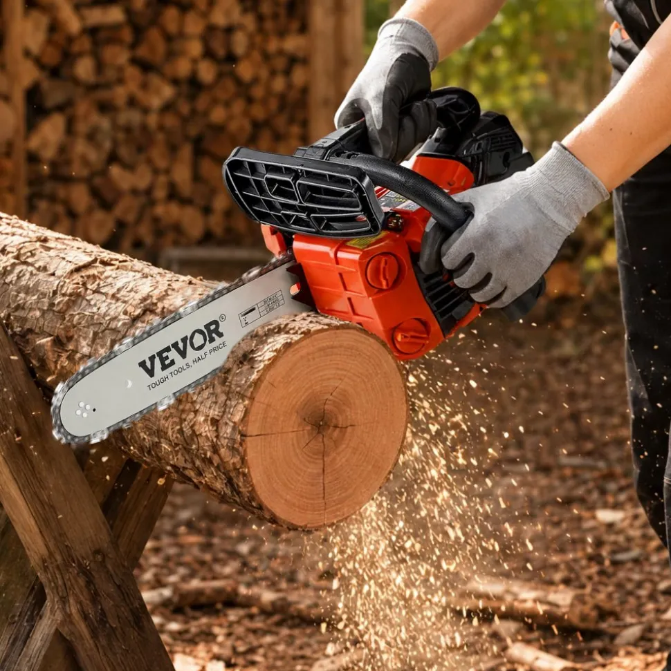 VEVOR Gas Powered Chainsaw 12 Inch 25.4CC 1HP 2 Stroke Engine Gas Chainsaw, for Wood Cutting, Tree Trimming & Land Clearing, Throttle-Synced Choke, Power Chain Saw with Non-Slip Handle & Dual Tanks