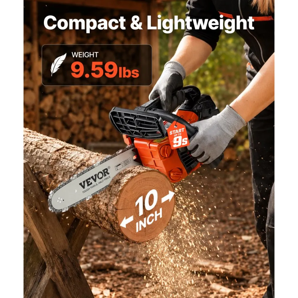 VEVOR Gas Powered Chainsaw 12 Inch 25.4CC 1HP 2 Stroke Engine Gas Chainsaw, for Wood Cutting, Tree Trimming & Land Clearing, Throttle-Synced Choke, Power Chain Saw with Non-Slip Handle & Dual Tanks