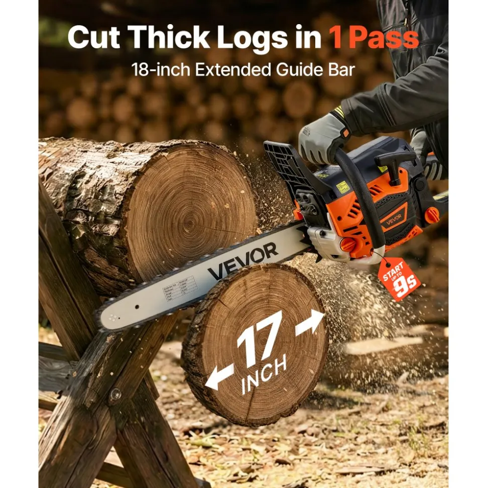 VEVOR Gas Powered Chainsaw 18 Inch 52CC 2.55HP 2 Stroke Engine Gas Chainsaw, for Wood Cutting, Tree Trimming & Land Clearing, Throttle-Synced Choke, Power Chain Saw with Non-Slip Handle & Dual Tanks