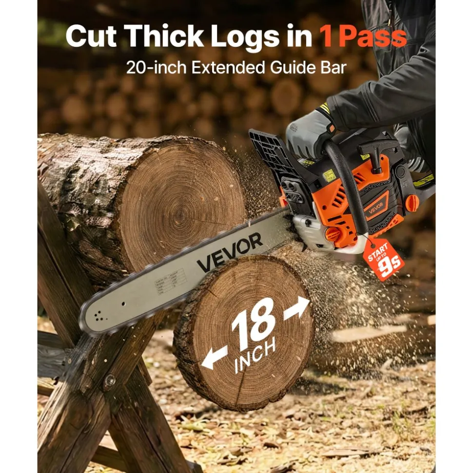 VEVOR Gas Powered Chainsaw 20 Inch 62CC 3.8HP 2 Stroke Engine Gas Chainsaw, for Wood Cutting, Tree Trimming & Land Clearing, Throttle-Synced Choke, Power Chain Saw with Non-Slip Handle & Dual Tanks