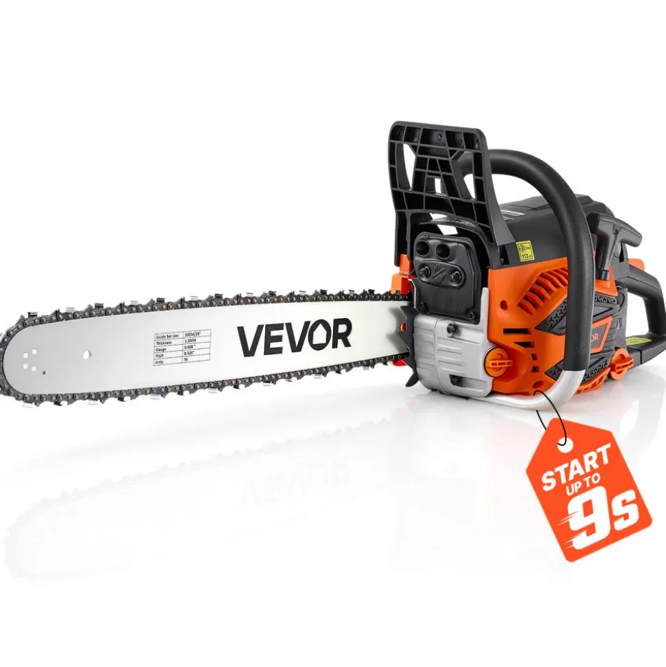 VEVOR Gas Powered Chainsaw 20 Inch 62CC 3.8HP 2 Stroke Engine Gas Chainsaw, for Wood Cutting, Tree Trimming & Land Clearing, Throttle-Synced Choke, Power Chain Saw with Non-Slip Handle & Dual Tanks