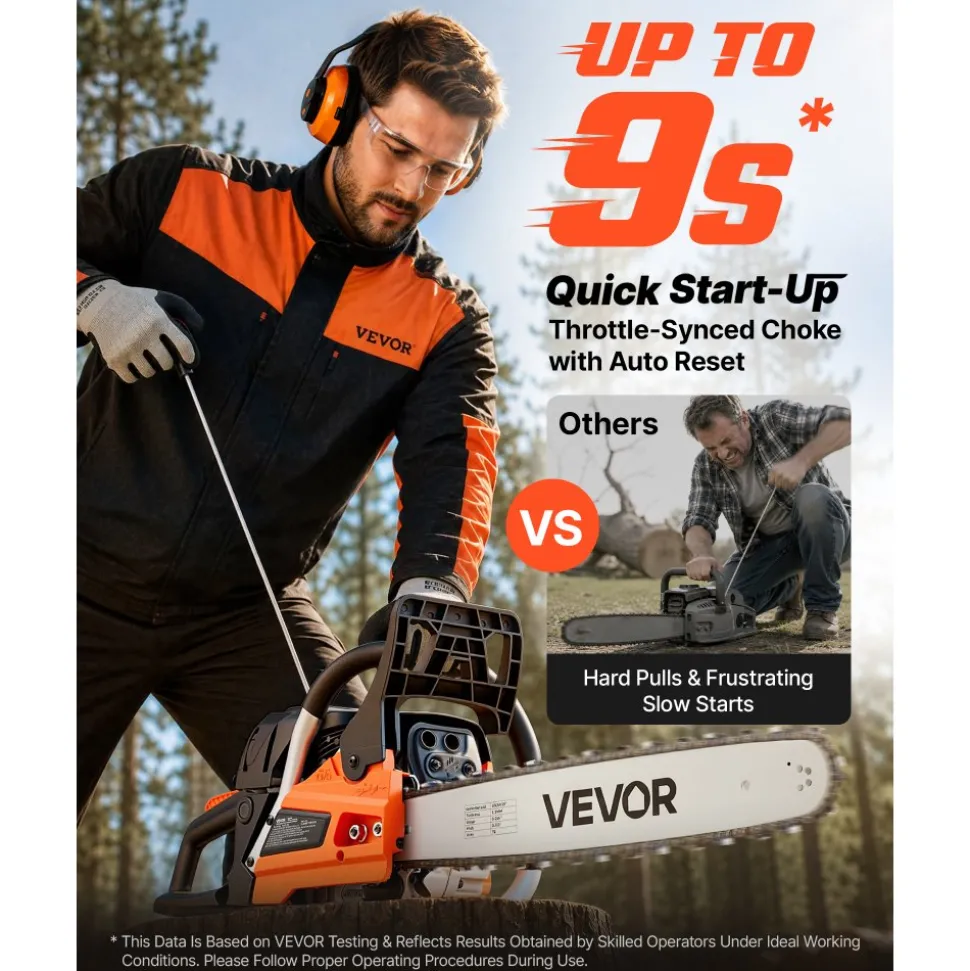 VEVOR Gas Powered Chainsaw 20 Inch 58CC 3.22HP 2 Stroke Engine Gas Chainsaw, for Wood Cutting, Tree Trimming & Land Clearing, Throttle-Synced Choke, Power Chain Saw with Non-Slip Handle & Dual Tanks