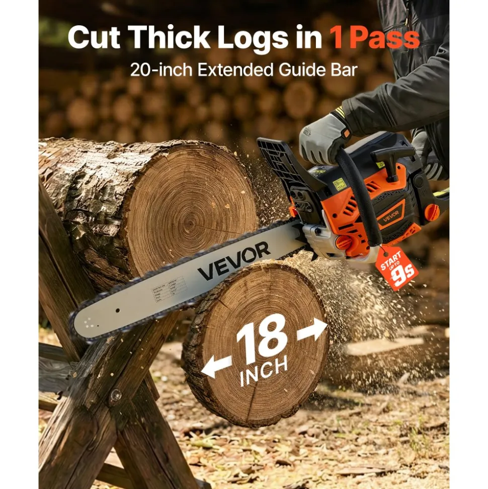 VEVOR Gas Powered Chainsaw 20 Inch 58CC 3.22HP 2 Stroke Engine Gas Chainsaw, for Wood Cutting, Tree Trimming & Land Clearing, Throttle-Synced Choke, Power Chain Saw with Non-Slip Handle & Dual Tanks