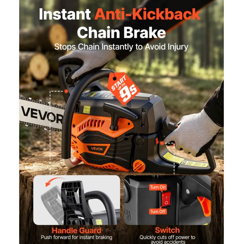 VEVOR Gas Powered Chainsaw 20 Inch 58CC 3.22HP 2 Stroke Engine Gas Chainsaw, for Wood Cutting, Tree Trimming & Land Clearing, Throttle-Synced Choke, Power Chain Saw with Non-Slip Handle & Dual Tanks