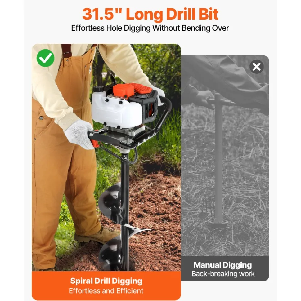 VEVOR Gas Powered Post Hole Digger, 52cc Post Hole Auger with 6" & 10" Bits, 3 Extension Rods, 1450W Heavy-Duty Earth Auger for Fence Posts, Deck / Pergola Posts, Plant / Tree Planting, EPA Listed