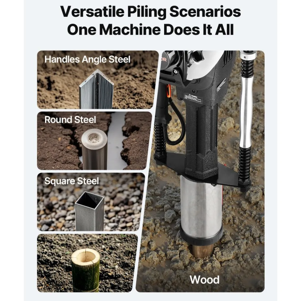 VEVOR Gas Powered T Post Driver, 37.7cc 4-Stroke Engine Efficient Post Pounder with 3 Piling Sleeves, Vibration-Reducing Handle, Heavy Duty Fence Pile Driver for Farm, Orchard, Road Work, Landscaping