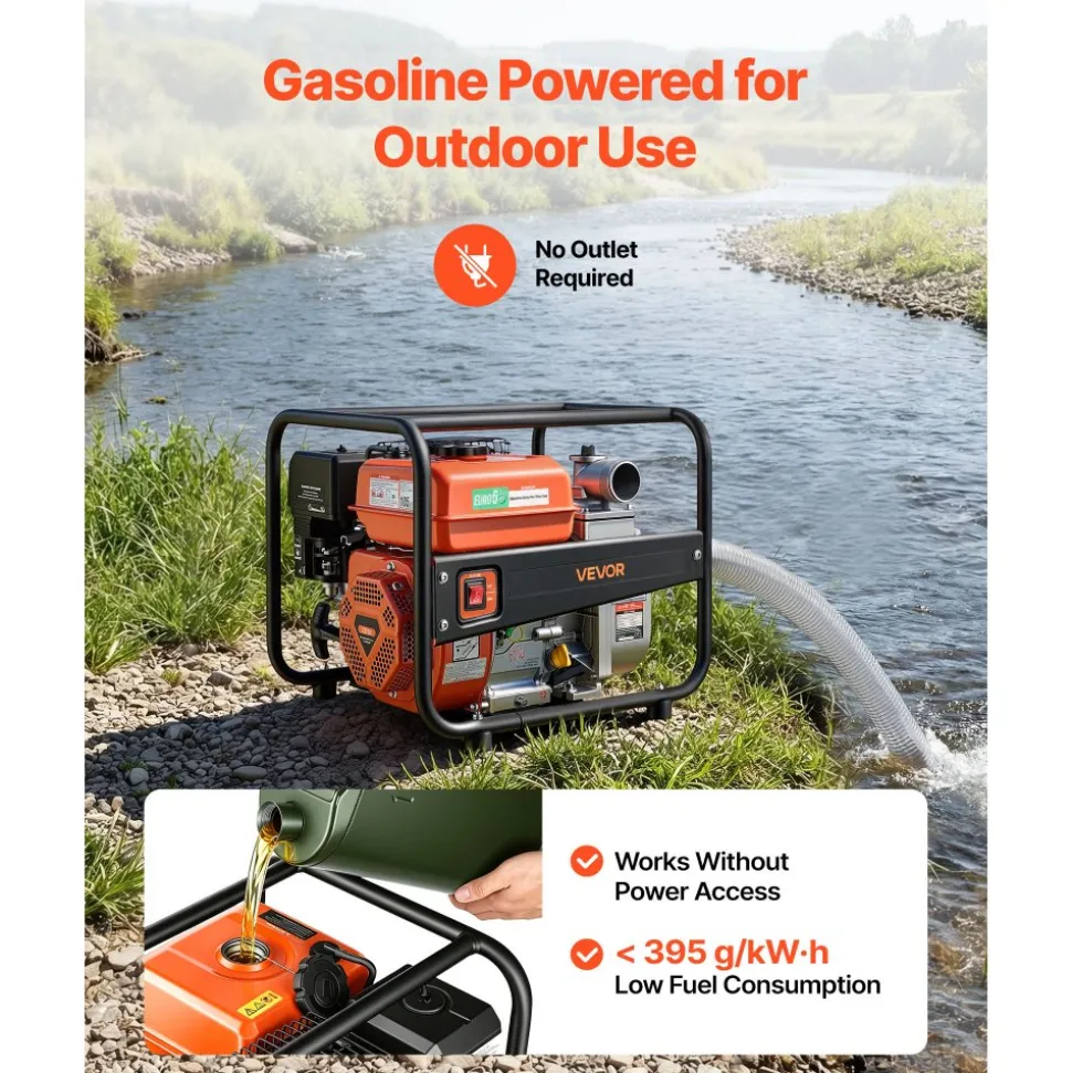 VEVOR Gas Powered Water Pump, 2 in, 142 GPM 7HP Semi Trash Water Transfer Pump Portable, Gasoline Engine with 25 ft Discharge Hose, Heavy Duty Frame, Cast Iron Impeller, for Irrigation, Ponds, Pools