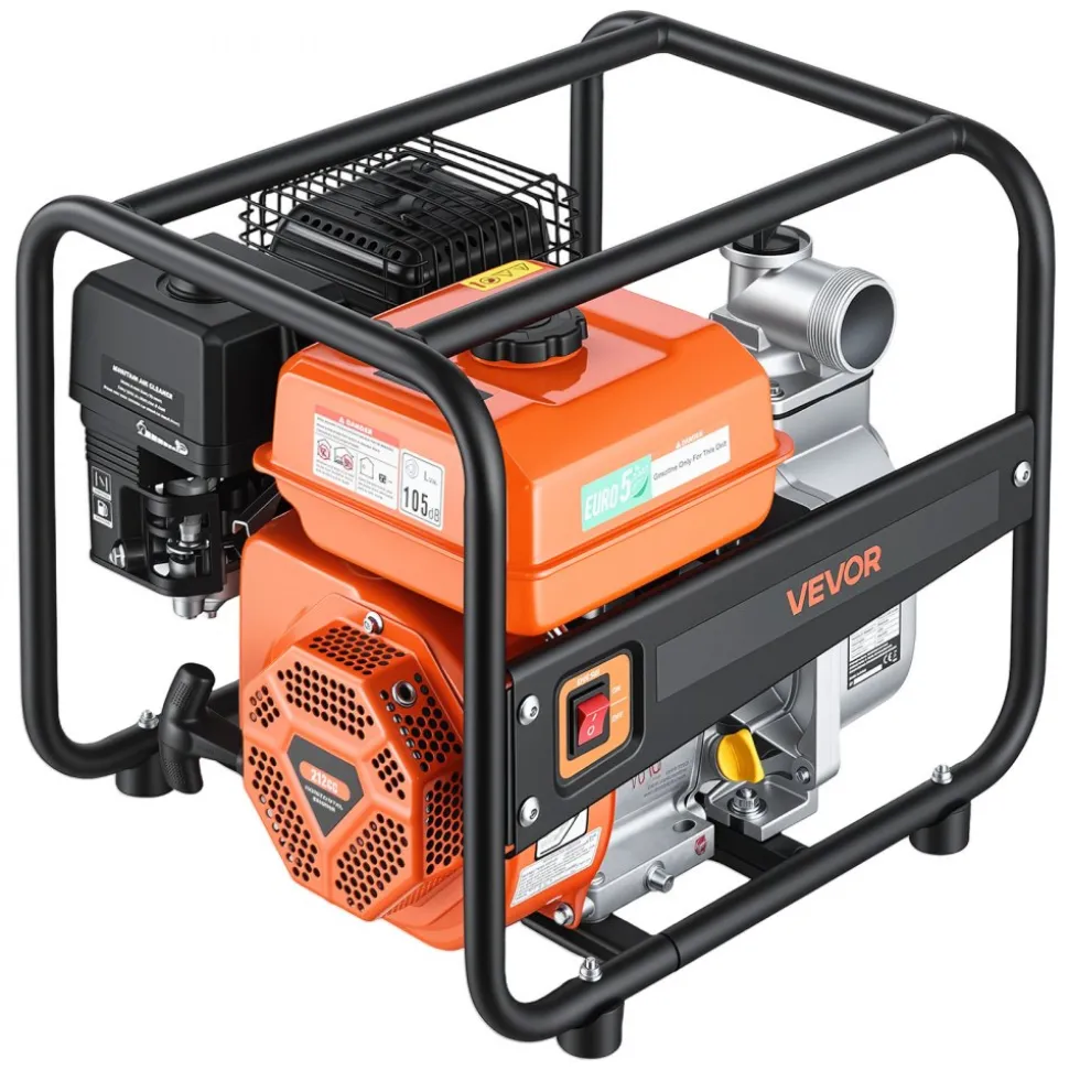 VEVOR Gas Powered Water Pump, 2 in, 142 GPM 7HP Semi Trash Water Transfer Pump Portable, Gasoline Engine with 25 ft Discharge Hose, Heavy Duty Frame, Cast Iron Impeller, for Irrigation, Ponds, Pools