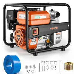 VEVOR Gas Powered Water Pump, 2 in, 142 GPM 7HP Semi Trash Water Transfer Pump Portable, Gasoline Engine with 25 ft Discharge Hose, Heavy Duty Frame, Cast Iron Impeller, for Irrigation, Ponds, Pools