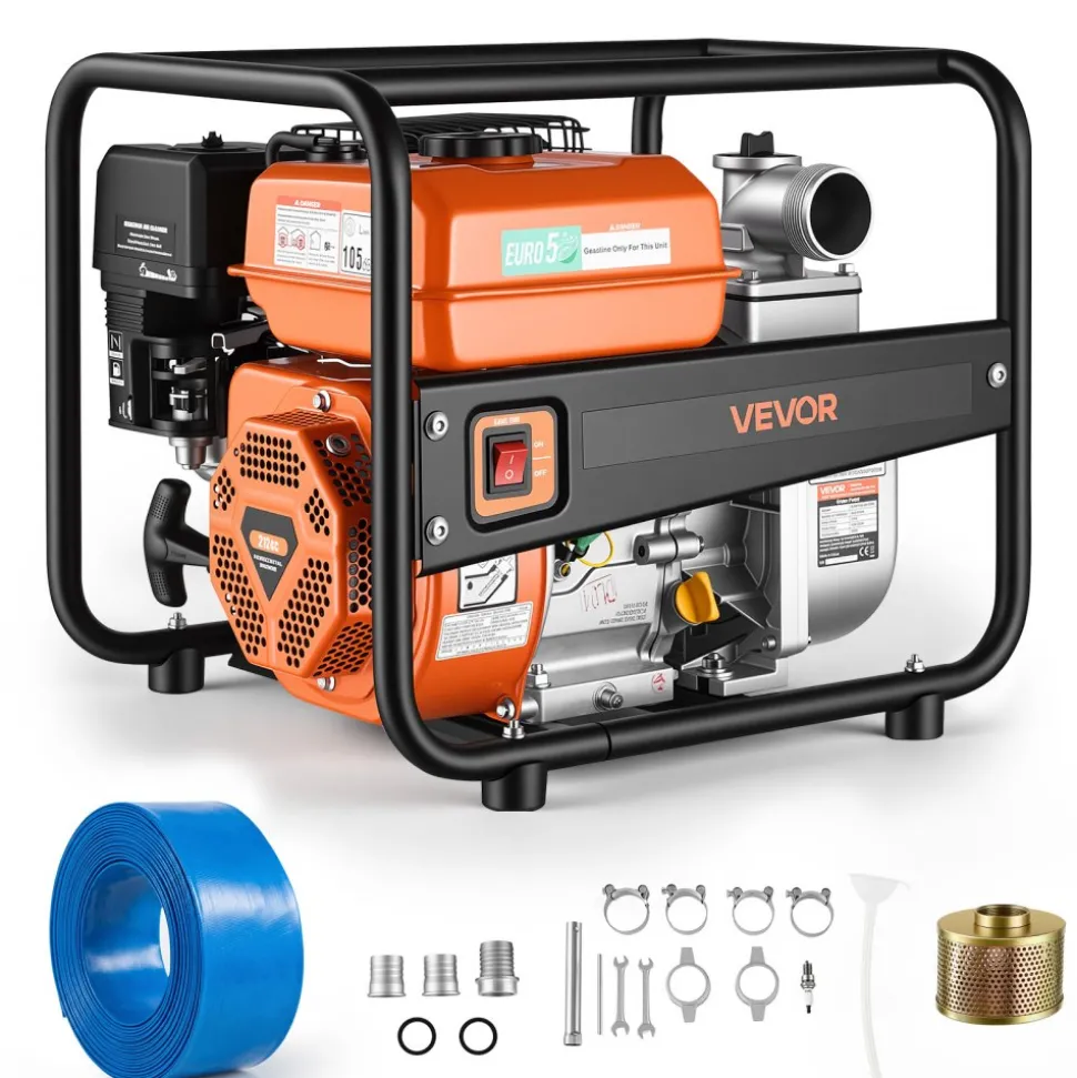 VEVOR Gas Powered Water Pump, 2 in, 142 GPM 7HP Semi Trash Water Transfer Pump Portable, Gasoline Engine with 25 ft Discharge Hose, Heavy Duty Frame, Cast Iron Impeller, for Irrigation, Ponds, Pools