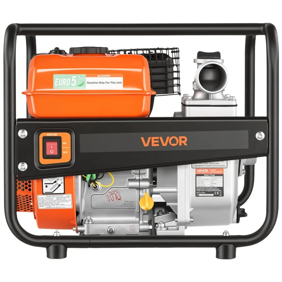 VEVOR Gas Powered Water Pump, 2 in, 142 GPM 7HP Semi Trash Water Transfer Pump Portable, Gasoline Engine with 25 ft Discharge Hose, Heavy Duty Frame, Cast Iron Impeller, for Irrigation, Ponds, Pools