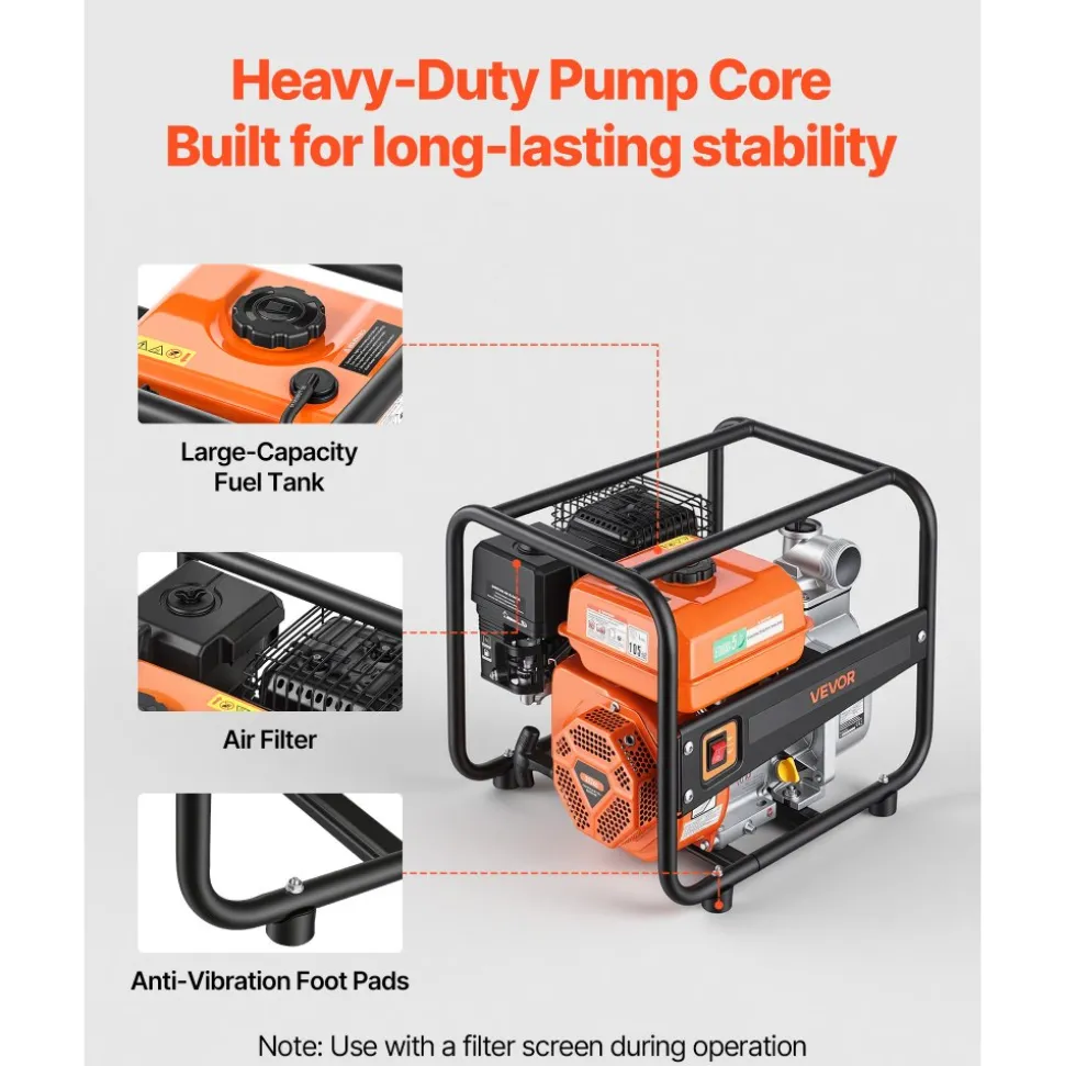 VEVOR Gas Powered Water Pump, 2 in, 142 GPM 7HP Semi Trash Water Transfer Pump Portable, Gasoline Engine with 25 ft Discharge Hose, Heavy Duty Frame, Cast Iron Impeller, for Irrigation, Ponds, Pools