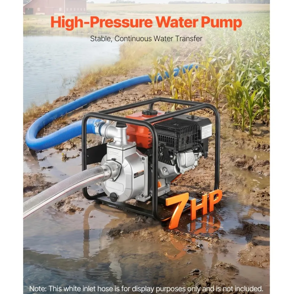VEVOR Gas Powered Water Pump, 2 in, 142 GPM 7HP Semi Trash Water Transfer Pump Portable, Gasoline Engine with 25 ft Discharge Hose, Heavy Duty Frame, Cast Iron Impeller, for Irrigation, Ponds, Pools
