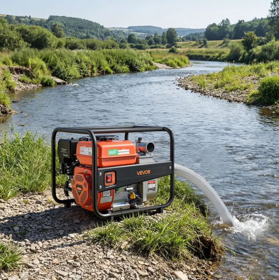 VEVOR Gas Powered Water Pump, 2 in, 142 GPM 7HP Semi Trash Water Transfer Pump Portable, Gasoline Engine with 25 ft Discharge Hose, Heavy Duty Frame, Cast Iron Impeller, for Irrigation, Ponds, Pools
