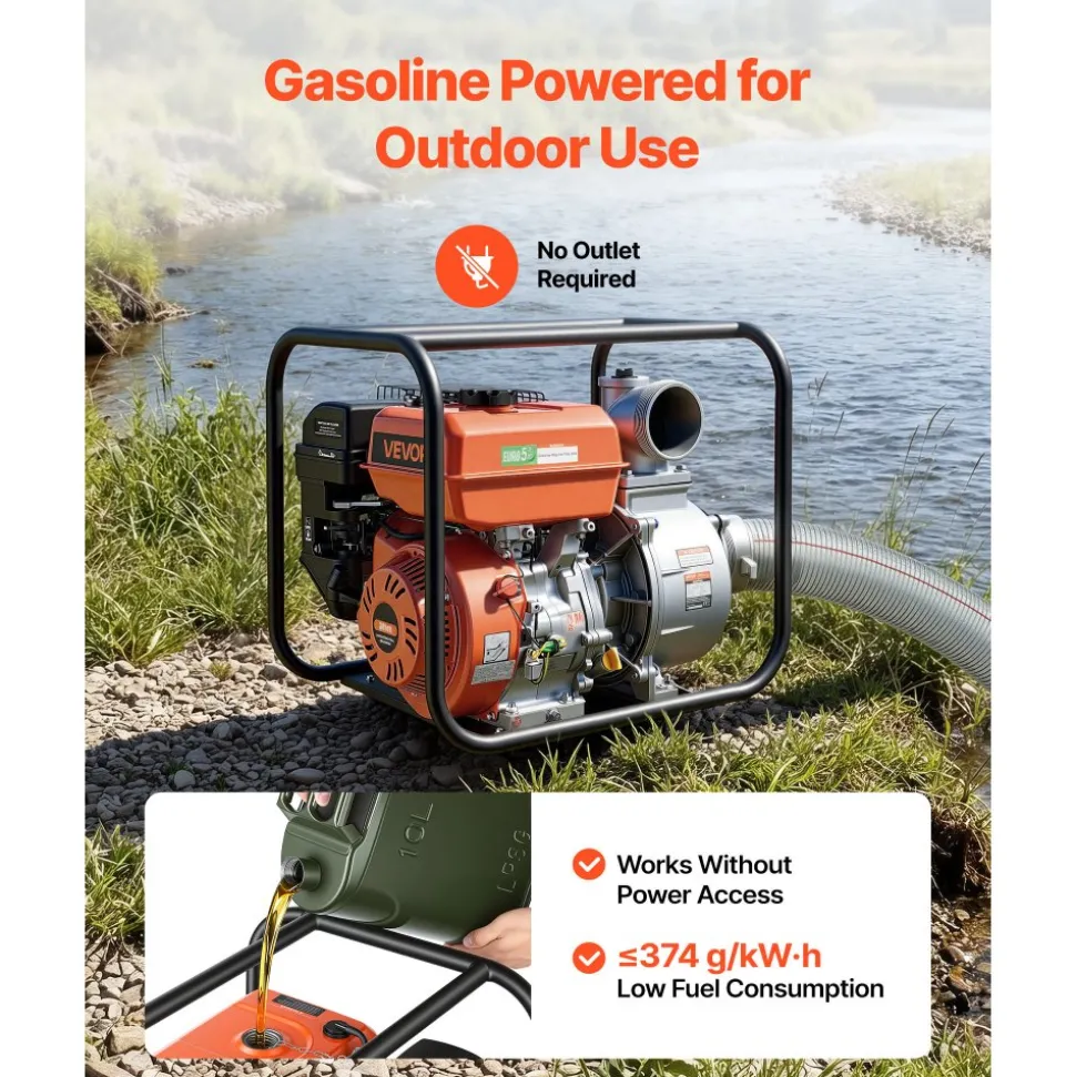 VEVOR Gas Powered Water Pump, 4 in, 422 GPM 8.3HP Semi Trash Water Transfer Pump Portable, Gasoline Engine with 25 ft Discharge Hose, Heavy Duty Frame, Cast Iron Impeller, for Irrigation, Ponds, Pools