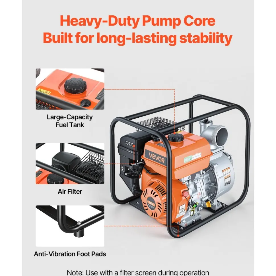 VEVOR Gas Powered Water Pump, 4 in, 422 GPM 8.3HP Semi Trash Water Transfer Pump Portable, Gasoline Engine with 25 ft Discharge Hose, Heavy Duty Frame, Cast Iron Impeller, for Irrigation, Ponds, Pools