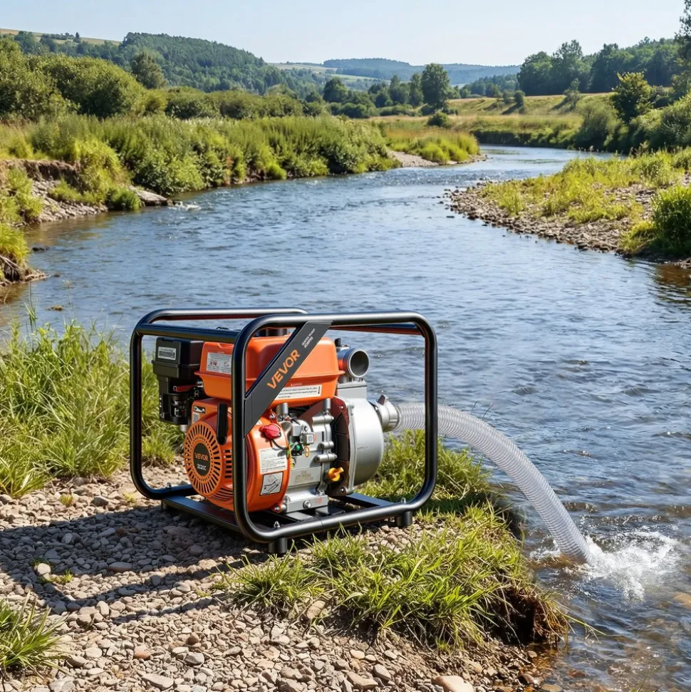 VEVOR Gas Powered Water Pump, 2 in, 132 GPM 7HP Semi Trash Water Transfer Pump Portable, Gasoline Engine with 25 ft Discharge Hose, Heavy Duty Frame, Cast Iron Impeller, for Irrigation, Ponds, Pools