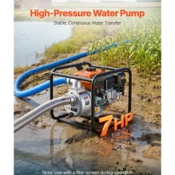 VEVOR Gas Powered Water Pump, 2 in, 132 GPM 7HP Semi Trash Water Transfer Pump Portable, Gasoline Engine with 25 ft Discharge Hose, Heavy Duty Frame, Cast Iron Impeller, for Irrigation, Ponds, Pools