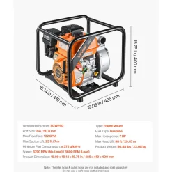 VEVOR Gas Powered Water Pump, 2 in, 132 GPM 7HP Semi Trash Water Transfer Pump Portable, Gasoline Engine with 25 ft Discharge Hose, Heavy Duty Frame, Cast Iron Impeller, for Irrigation, Ponds, Pools