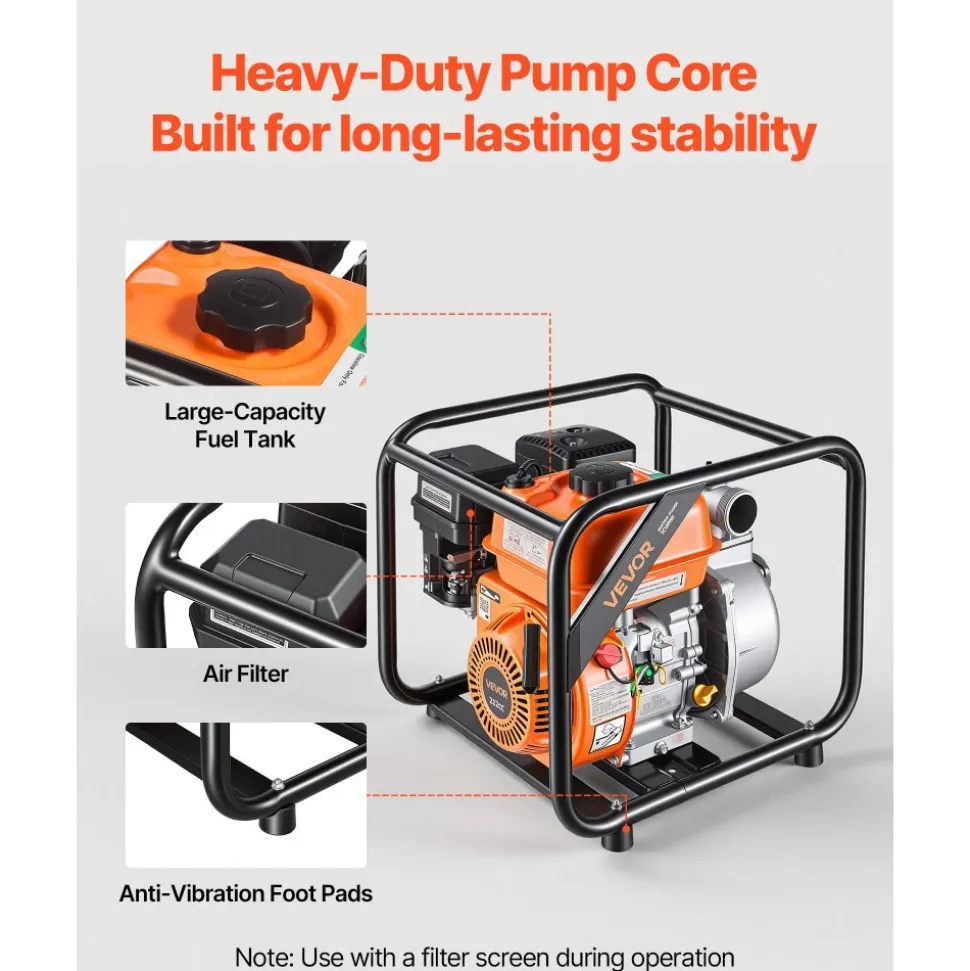 VEVOR Gas Powered Water Pump, 2 in, 132 GPM 7HP Semi Trash Water Transfer Pump Portable, Gasoline Engine with 25 ft Discharge Hose, Heavy Duty Frame, Cast Iron Impeller, for Irrigation, Ponds, Pools