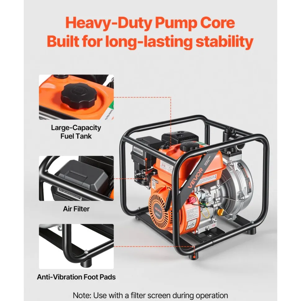 VEVOR Gas Powered Water Pump, 2 in, 128 GPM 6HP Semi Trash Water Transfer Pump Portable, Gasoline Engine with 25 ft Discharge Hose, Heavy Duty Frame, Cast Iron Impeller, for Irrigation, Ponds, Pools