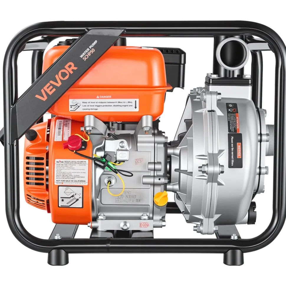 VEVOR Gas Powered Water Pump, 2 in, 128 GPM 6HP Semi Trash Water Transfer Pump Portable, Gasoline Engine with 25 ft Discharge Hose, Heavy Duty Frame, Cast Iron Impeller, for Irrigation, Ponds, Pools
