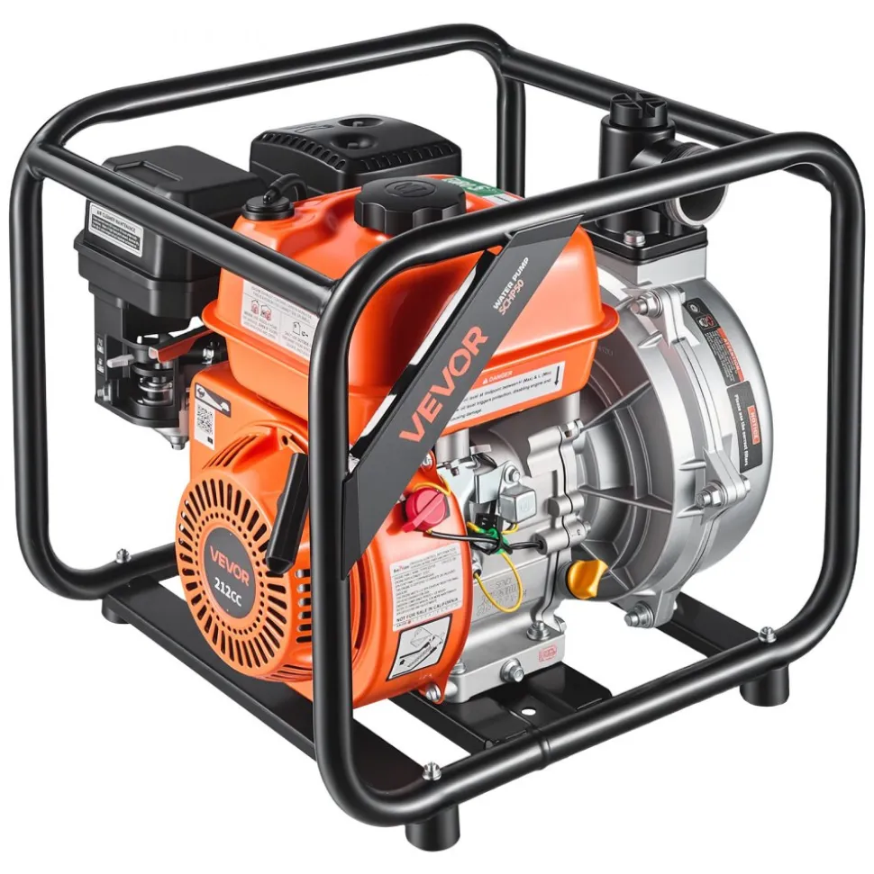 VEVOR Gas Powered Water Pump, 2 in, 128 GPM 6HP Semi Trash Water Transfer Pump Portable, Gasoline Engine with 25 ft Discharge Hose, Heavy Duty Frame, Cast Iron Impeller, for Irrigation, Ponds, Pools