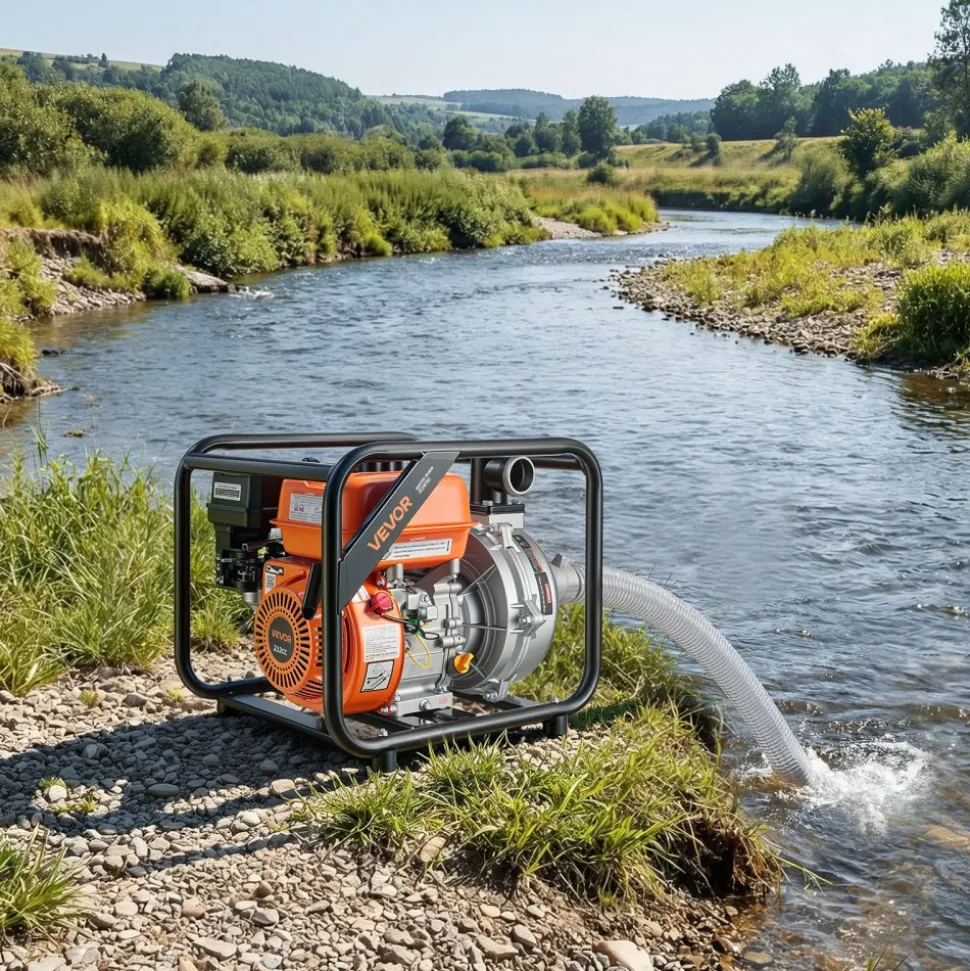 VEVOR Gas Powered Water Pump, 2 in, 128 GPM 6HP Semi Trash Water Transfer Pump Portable, Gasoline Engine with 25 ft Discharge Hose, Heavy Duty Frame, Cast Iron Impeller, for Irrigation, Ponds, Pools
