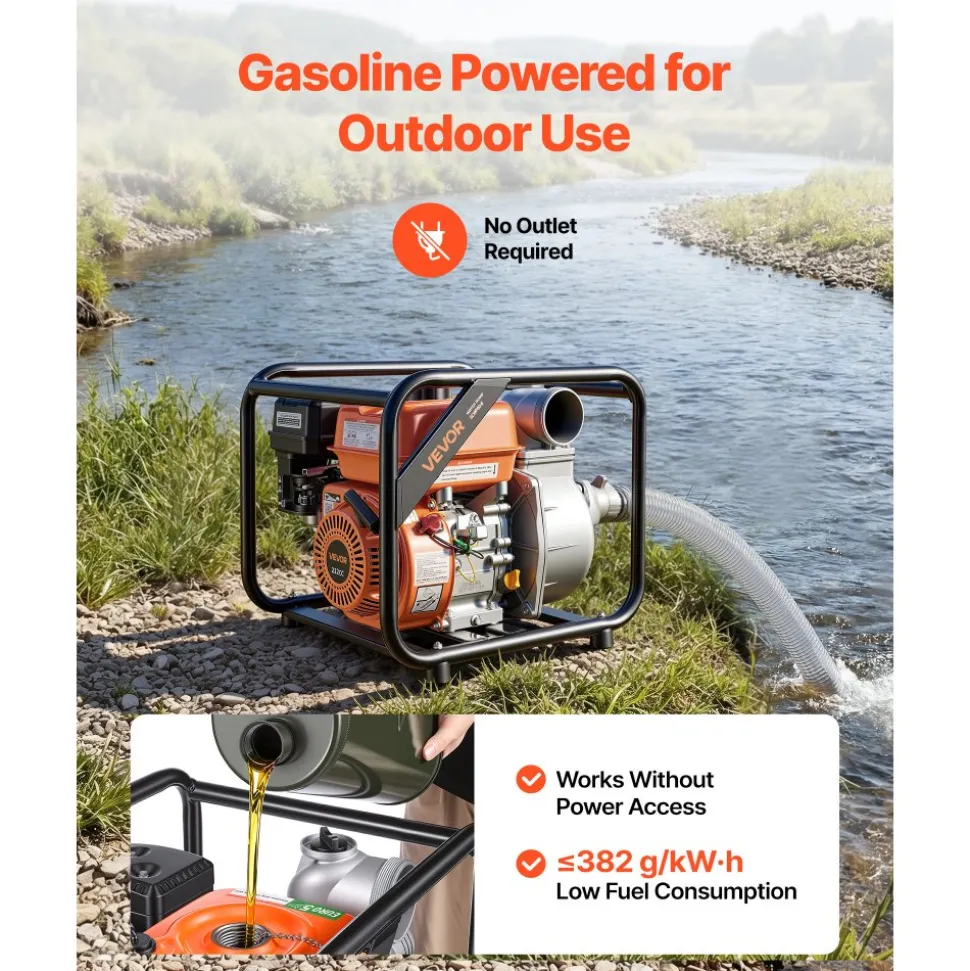 VEVOR Gas Powered Water Pump, 3 in, 264 GPM 7HP Semi Trash Water Transfer Pump Portable, Gasoline Engine with 25 ft Discharge Hose, Heavy Duty Frame, Cast Iron Impeller, for Irrigation, Ponds, Pools