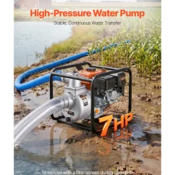 VEVOR Gas Powered Water Pump, 3 in, 264 GPM 7HP Semi Trash Water Transfer Pump Portable, Gasoline Engine with 25 ft Discharge Hose, Heavy Duty Frame, Cast Iron Impeller, for Irrigation, Ponds, Pools