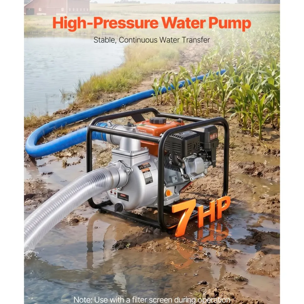 VEVOR Gas Powered Water Pump, 3 in, 264 GPM 7HP Semi Trash Water Transfer Pump Portable, Gasoline Engine with 25 ft Discharge Hose, Heavy Duty Frame, Cast Iron Impeller, for Irrigation, Ponds, Pools