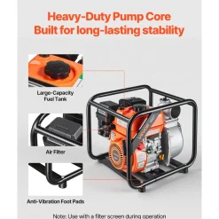 VEVOR Gas Powered Water Pump, 3 in, 264 GPM 7HP Semi Trash Water Transfer Pump Portable, Gasoline Engine with 25 ft Discharge Hose, Heavy Duty Frame, Cast Iron Impeller, for Irrigation, Ponds, Pools