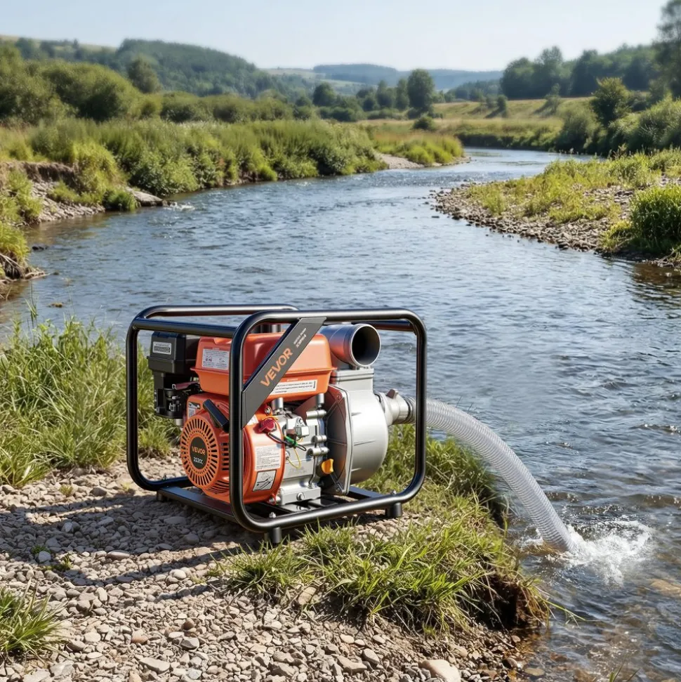 VEVOR Gas Powered Water Pump, 3 in, 264 GPM 7HP Semi Trash Water Transfer Pump Portable, Gasoline Engine with 25 ft Discharge Hose, Heavy Duty Frame, Cast Iron Impeller, for Irrigation, Ponds, Pools