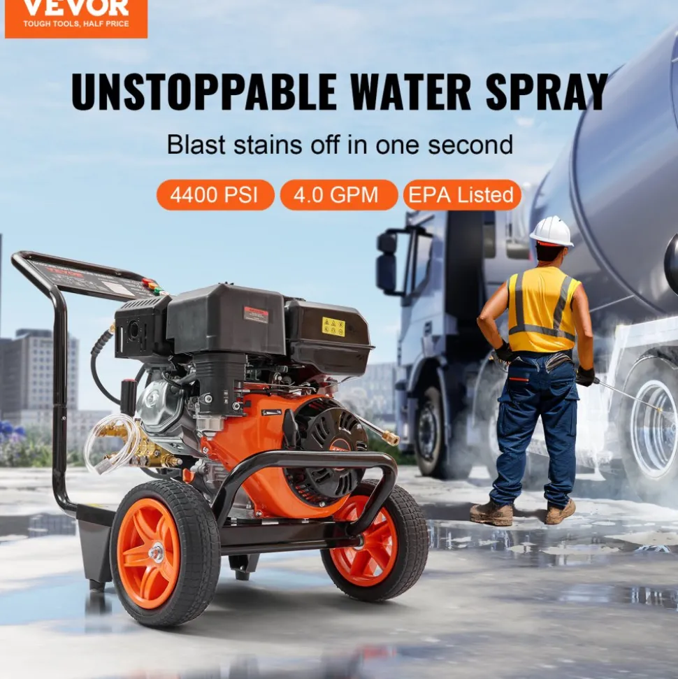 VEVOR Gas Pressure Washer, 4400 PSI 4.0 GPM, Gas Powered Pressure Washer with Copper Pump, Spray Gun and Extension Wand, 5 Quick Connect Nozzles, for Cleaning Cars, Homes, Driveways, Patios