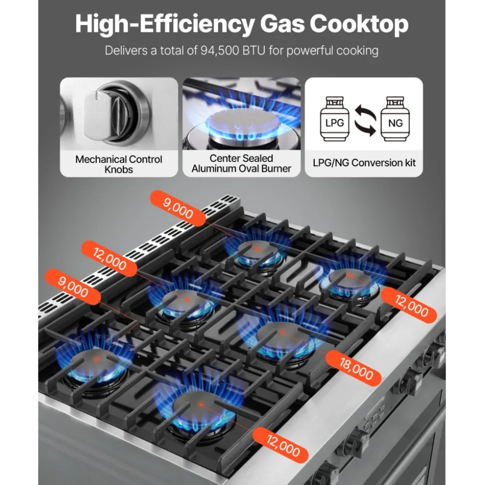 VEVOR Gas Range Oven, 35.9 Inches Width, Freestanding Stainless Steel Stove and Oven with 6 Sealed Cooktop Burners, Easy Reach Racks, Halogen Light, 6.0 Cu. Ft. Capacity, for Apartment, Home, Kitchen