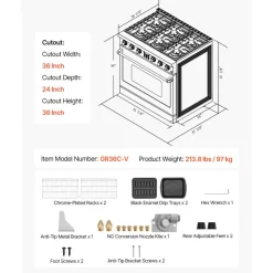 VEVOR Gas Range Oven, 35.9 Inches Width, Freestanding Stainless Steel Stove and Oven with 6 Sealed Cooktop Burners, Easy Reach Racks, Halogen Light, 6.0 Cu. Ft. Capacity, for Apartment, Home, Kitchen