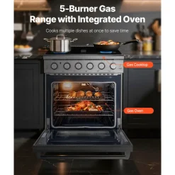 VEVOR Gas Range Oven, 30 Inches Width, Freestanding Stainless Steel Stove and Oven with 5 Sealed Cooktop Burners, Easy Reach Racks, 4.8 Cu. Ft. Capacity, for Apartment, Home, Kitchen