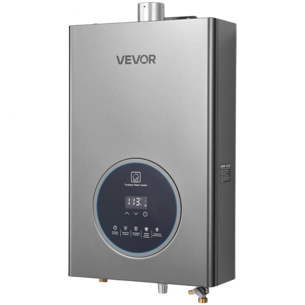 VEVOR Gas Tankless Water Heater, 4.3Gal Indoor 100000 BTU Instant Hot Water Heater, Smart Temperature Control & Clear LED Display & Multiple Security Protections for Whole House,Silver Gray