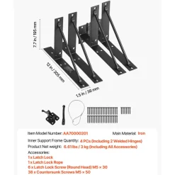 VEVOR Gate Corner Brace Bracket, Anti Sag Gate Frame Hardware Kit, Gate Frame Brace Bracket with Latch Lock, Latch Lock Rope, for Shed Doors, Corral Gates, Driveway Gates, Stable Gates, Iron, Black