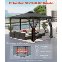 VEVOR Gazebo Netting Replacement, Fit Most 10 x 13 x 6.8 FT Gazebo Curtain, Outdoor Garden Net, 4-Panel Sidewall Mesh Net, Patio Midge Netting with Double Zipper, Canopy Screen (Netting Only)