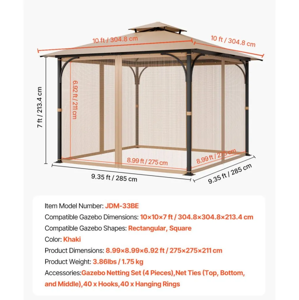 VEVOR Gazebo Netting Replacement, Fit Most 10 x 10 x 7 FT Gazebo Curtain, Outdoor Garden Net, 4-Panel Sidewall Mesh Net, Patio Midge Netting with Double Zipper, Canopy Screen (Netting Only)