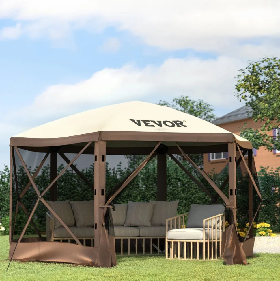 VEVOR Gazebo Screen Tent, 10 x 10 ft, 6 Sided Pop-up Camping Canopy Shelter Tent with Mesh Windows, Portable Carry Bag, Ground Stakes, Large Shade Tents for Outdoor Camping, Lawn and Backyard