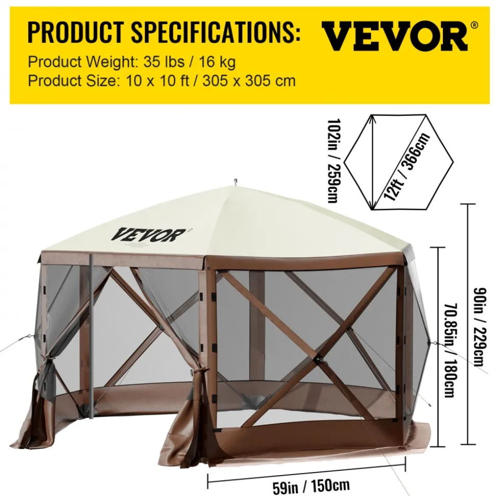 VEVOR Gazebo Screen Tent, 10 x 10 ft, 6 Sided Pop-up Camping Canopy Shelter Tent with Mesh Windows, Portable Carry Bag, Ground Stakes, Large Shade Tents for Outdoor Camping, Lawn and Backyard