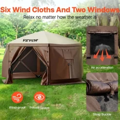 VEVOR Gazebo Screen Tent, 12 x 12 ft, 6 Sided Pop-up Camping Canopy Shelter Tent with Mesh Windows, Portable Carry Bag, Ground Stakes, Large Shade Tents for Outdoor Camping, Lawn and Backyard