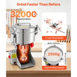 VEVOR 2500g Electric Grain Mill Grinder, 3400W 32000RPM High Speed Spice Corn Dry Grinding Machine, Stainless Steel Pulverizer Powder Machine for Dried Grains Coffee Beans Spices Nuts (270° Swing Type)